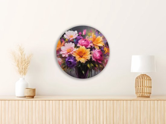 Saammp Muurcirkel Hout - Abstracte bloemen in vaas - kleurrijk - Natuur - Ø 80 - Wandcirkel - Wanddecoratie Cirkel - Muurdecoratie Woonkamer - Kantoor Decoratie