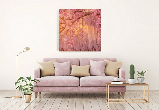 Saammp Canvas Schilderij - Roze bloesem met zonsondergang - Natuur - Landschap - 30x30 - Foto op canvas - Wanddecoratie - Muurdecoratie Woonkamer - Slaapkamer decoratie - Canvas Print