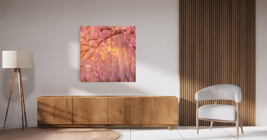 Saammp Canvas Schilderij - Roze bloesem met zonsondergang - Natuur - Landschap - 30x30 - Foto op canvas - Wanddecoratie - Muurdecoratie Woonkamer - Slaapkamer decoratie - Canvas Print