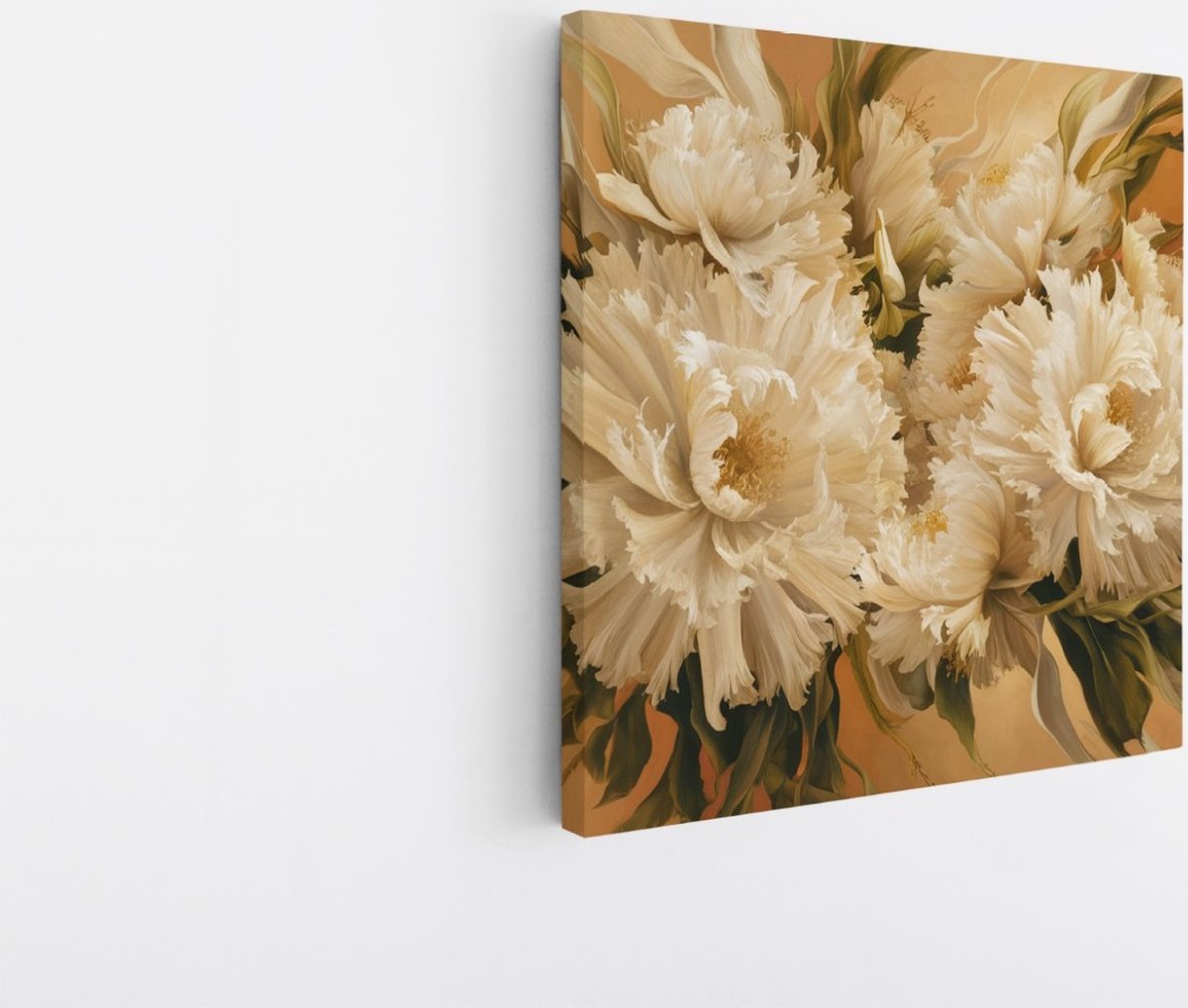 Saammp Canvas Schilderij - witte bloemen - Beige - Abstract - 100x100 - Foto op canvas - Wanddecoratie - Muurdecoratie Woonkamer - Kantoor Decoratie Multicolor