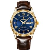 Montre homme de Luxe - Bracelet cuir - Montre-bracelet - Homme - Cadeau - Montre - Coffret cadeau - Homme - Or et Blauw - Bracelet Marron - Coffret Luxe