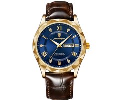 Poedagar Mpariz Herenhorloge - Leren Band - Polshorloge - Heren - Horloge - Horlogedoos - Mannen - Goud en Blauw - Polsband Bruin