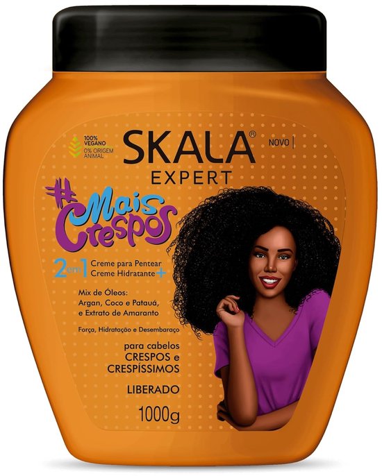 Pot orange Skala Expert Mais Crespos crème 2-en-1 sans rinçage, avec image de femme aux cheveux bouclés. 1000g.