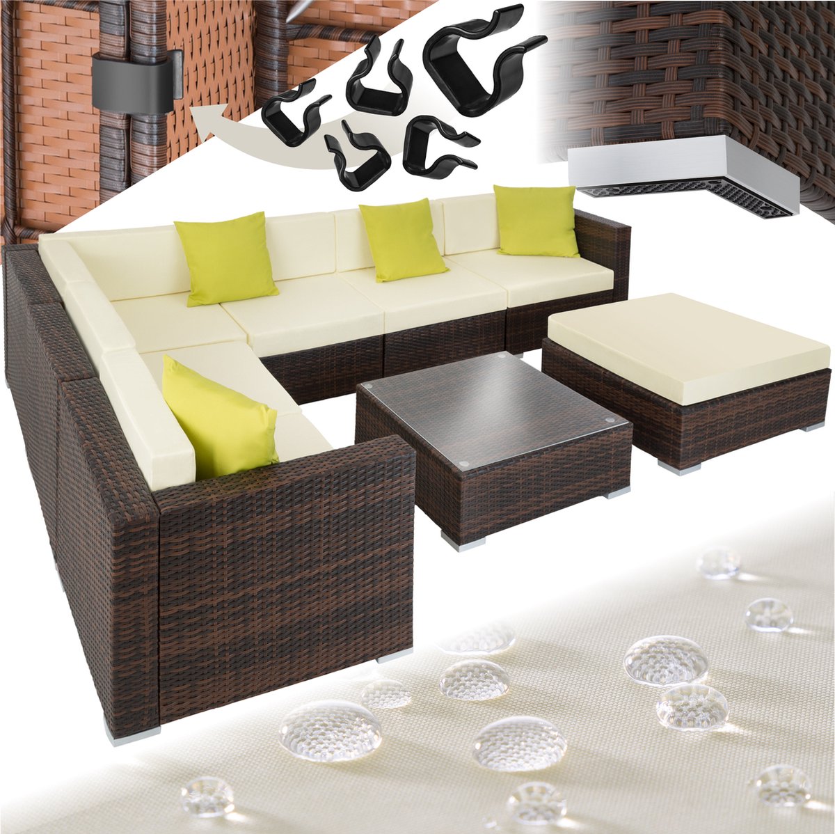 tectake® Wicker loungeset - Modulaire elementen - Voor 6 personen - Loungebank met zit- en rugkussens en sierkussens - Inclusief tafel met glazen plaat - Weerbestendig - Afmeting tafel (LxBxH) 69 x 69 x 25,5 cm - Bruin
