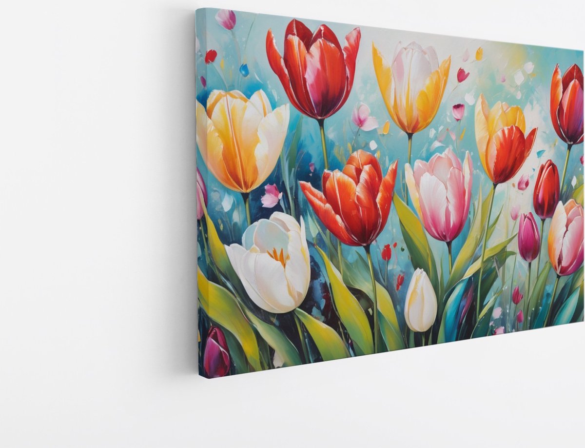 Saammp Canvas Schilderij - Gekleurde Tulpen - Bloemen - Abstract - 90x60 - Foto op canvas - Wanddecoratie - Muurdecoratie Woonkamer - Kantoor Decoratie Multicolor