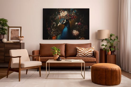 Saammp Canvas Schilderij - Pauw met kroon - Bloemen - Dieren - Natuur - 60x40 - Foto op canvas - Wanddecoratie - muurdecoratie Woonkamer - Slaapkamer decoratie - Canvas Print
