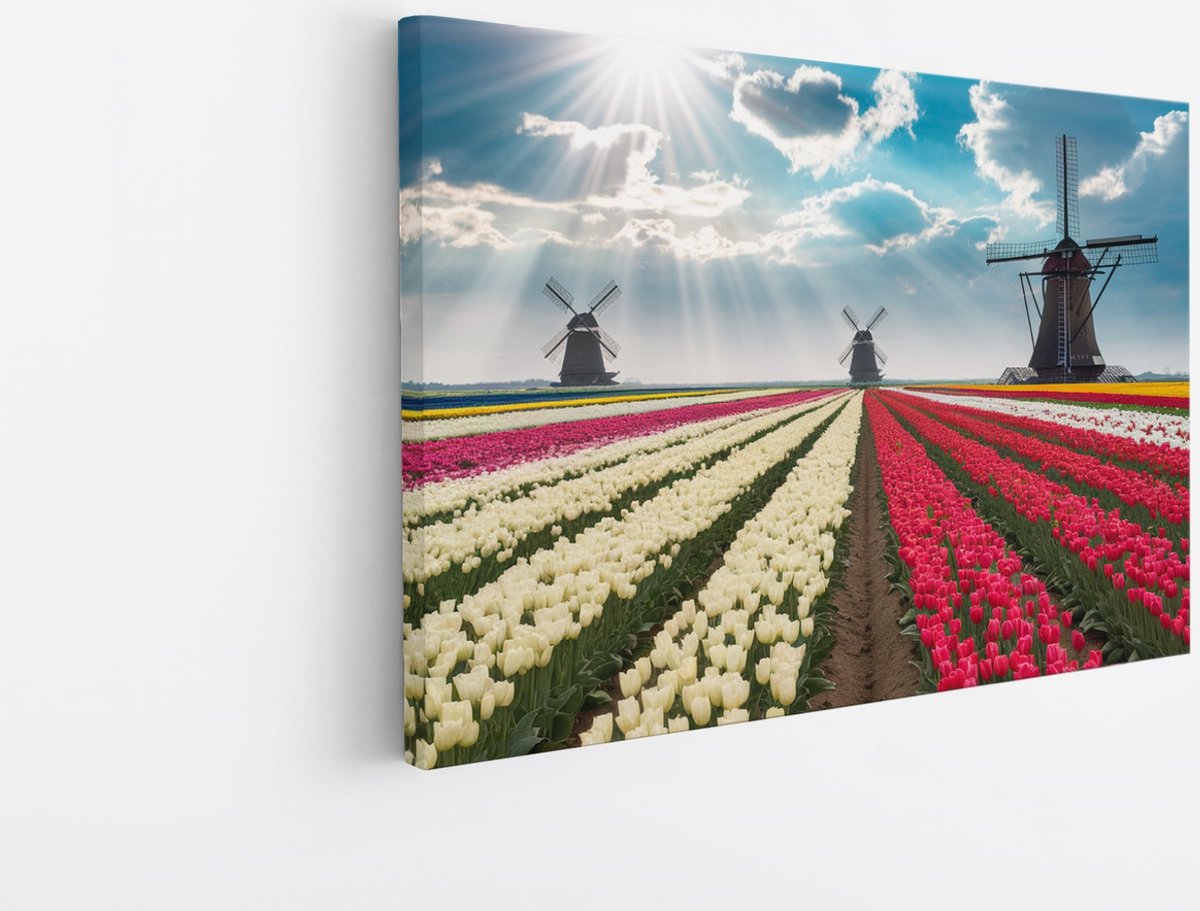 Saammp Canvas Schilderij - Kleurrijk Tulpenveld - Natuur - Landschap - 90x60 - Foto op canvas - Wanddecoratie - Muurdecoratie Woonkamer - Slaapkamer decoratie - Canvas Print Multicolor