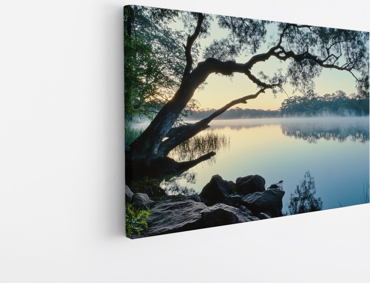 Saammp Canvas Schilderij - Natuur - Scheve boom bij het water - landschap - 70x50 - Foto op canvas - Wanddecoratie - Muurdecoratie Woonkamer - Slaapkamer decoratie - Canvas Print Multicolor