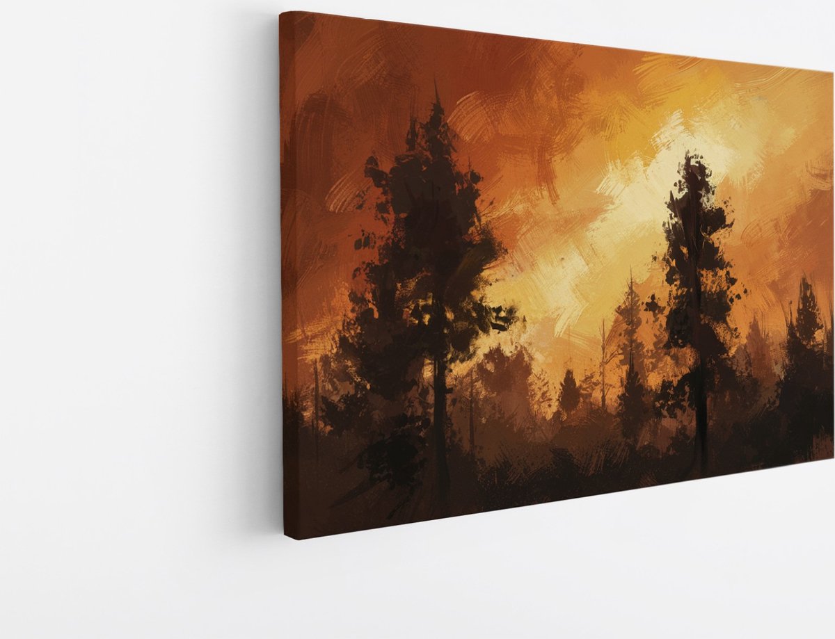 Saammp Canvas Schilderij - Oranje- Bomen - Abstract - Landschap - Natuur - 70x50 - Foto op canvas - Wanddecoratie - Muurdecoratie Woonkamer - Slaapkamer decoratie - Canvas Print Multicolor