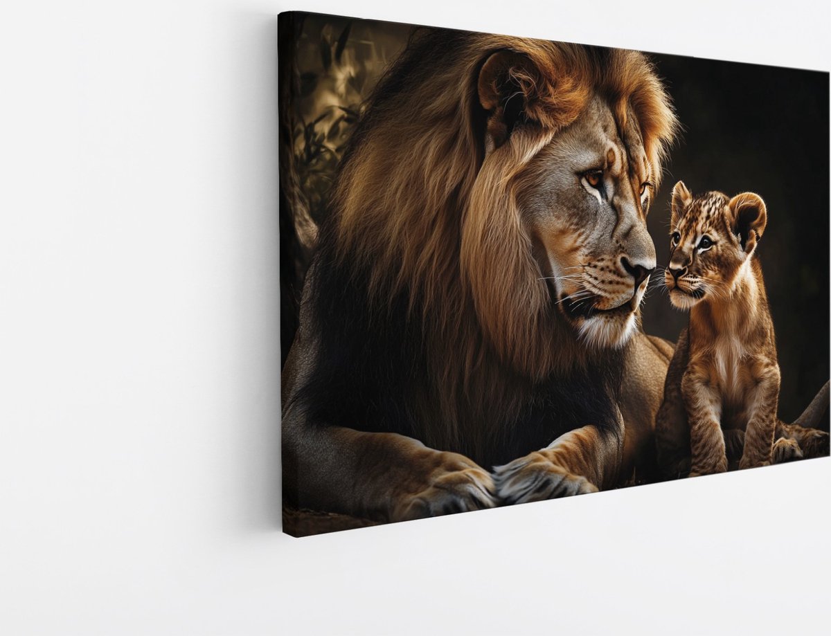 Saammp Canvas Schilderij - Leeuw met welp - Natuur - Dieren - 70x50 - Foto op canvas - Wanddecoratie - Muurdecoratie Woonkamer - Slaapkamer decoratie - Canvas Print Multicolor