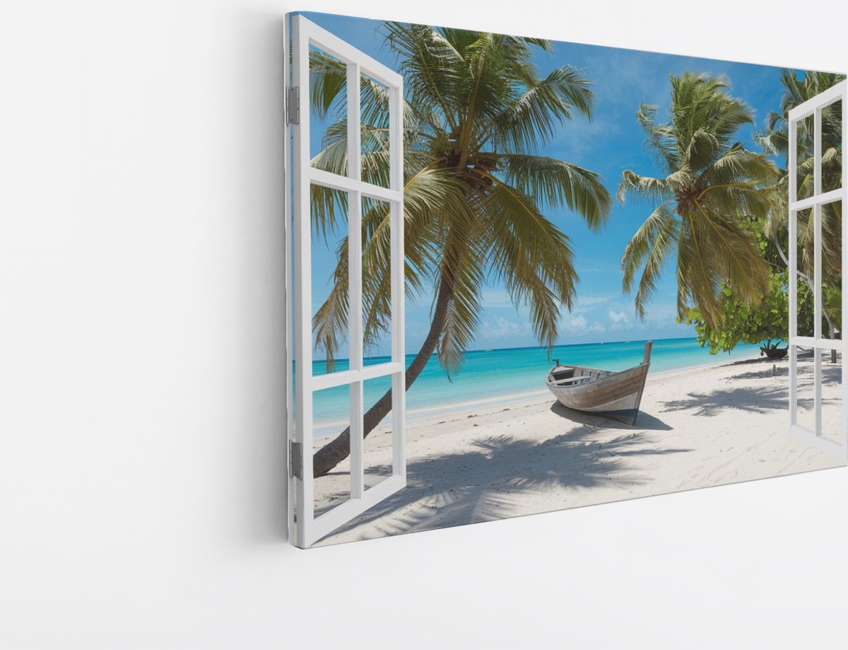 Saammp Canvas Schilderij - tropisch Strand - Natuur - Doorkijk - 70x50 - Foto op canvas - Wanddecoratie - Muurdecoratie Woonkamer - Slaapkamer decoratie - Canvas Print Multicolor