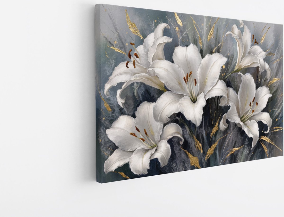 Saammp Canvas Schilderij - Witte Bloemen met goud - blauw - Bloemen - Abstract - 60x40 - Foto op canvas - Wanddecoratie - Muurdecoratie Woonkamer - Kantoor Decoratie Multicolor