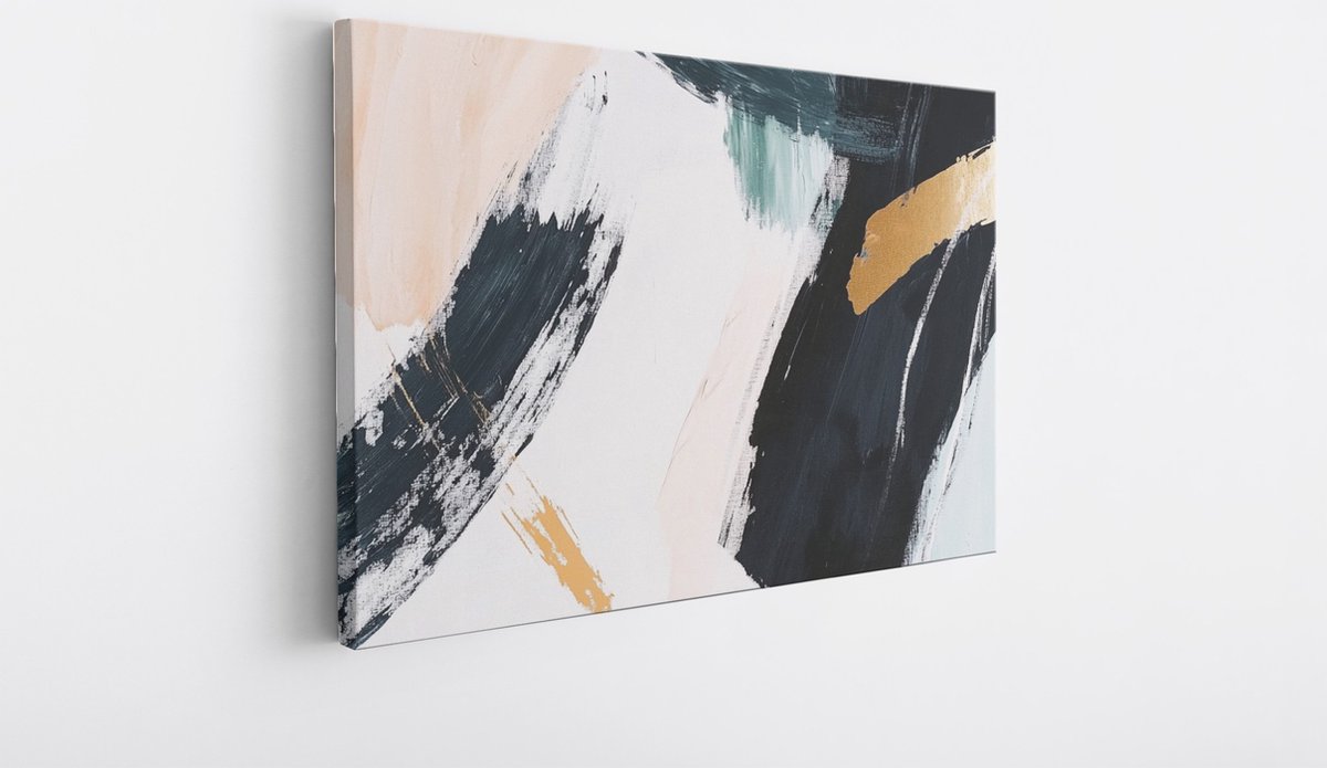 Saammp Canvas Schilderij - Wit - Penseelstreken - Goud - Abstract - 40x30 - Foto op canvas - Wanddecoratie - Muurdecoratie Woonkamer - Kantoor Decoratie Multicolor