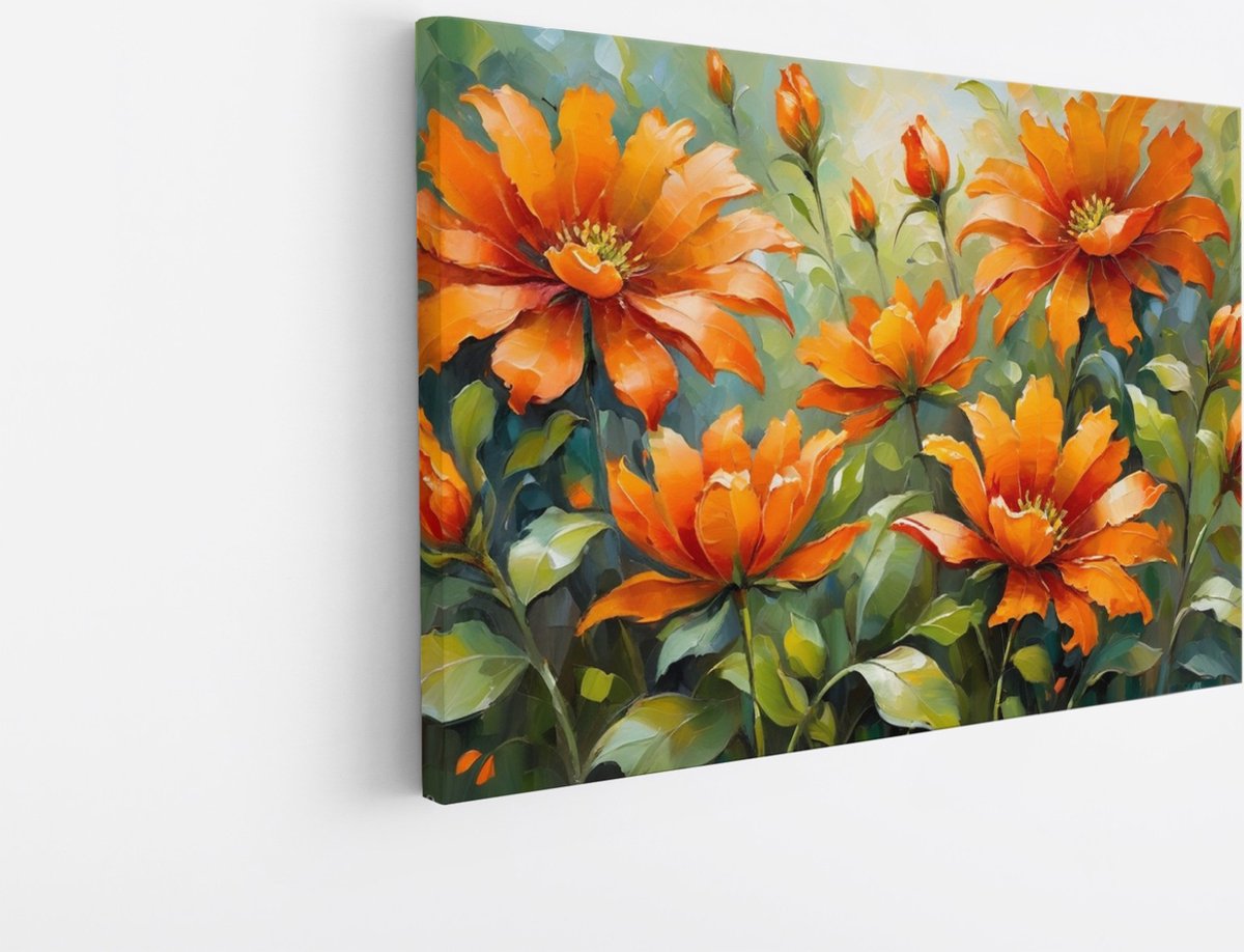 Saammp Canvas Schilderij - Oranje Bloemen - Abstract - 30x20 - Foto op canvas - Wanddecoratie - Muurdecoratie Woonkamer - Kantoor Decoratie Multicolor