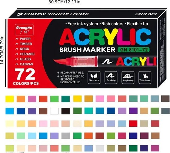 Boîte de 72 marqueurs acryliques à pointe pinceau avec 72 échantillons de couleurs, avec des informations sur "ACRYLIC BRUSH MARKER GN.8101-72".