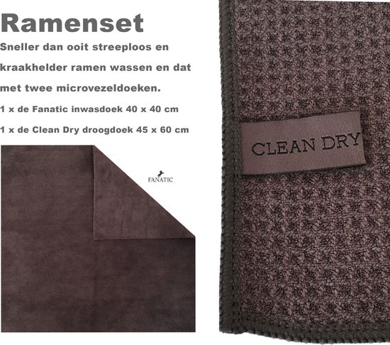 Raamdoeken set origineel Clean Dry grijs Droogdoek met Fanatic schoonmaakdoek