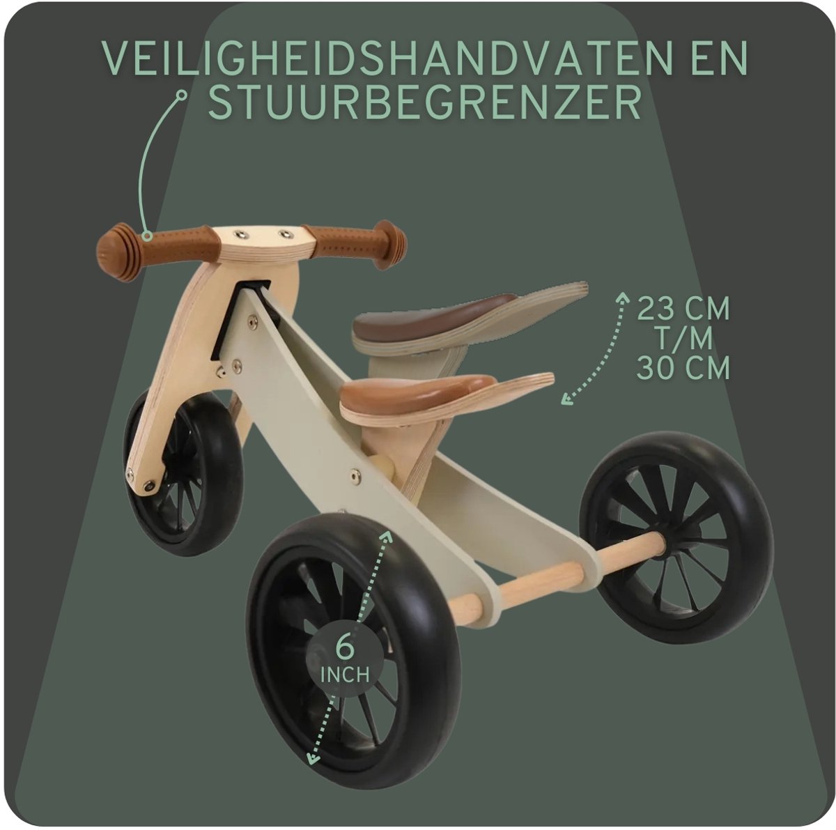 Bandits & Angels Smart Bike Loopfiets Hout 4-in-1 Groen vanaf 1 jaar - Voor Jongens en Meisjes - Houten Loop Fiets Olijfgroen - Omkeerbaar in Driewieler en Tweewieler - Verstelbaar Zadel — afbeelding 3