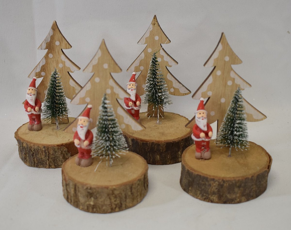 ZoeZo Design - 4 stuks - kerstversiering - kerstdecoratie - hout - kerstman - kerstboom - H 12 x Ø 7 cm - kerstdorp