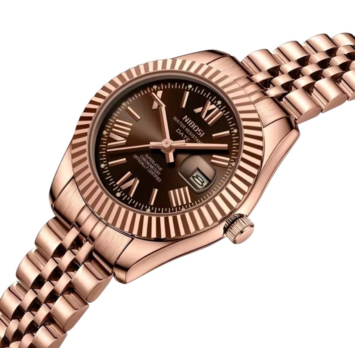 Nibosi - Luxe Dameshorloge - Polshorloge - Dames - Cadeau - Horloge - Geschenkdoos - Vrouwen - Rosé Chocolate Dial - RVS