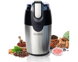 Royalty Line® CGE200 Elektrische Koffiemolen - 200W - Koffiebonen Maler - 70gr Bonenmaler met RVS Messen - BPA Vrij Coffee Grinder - Kruidenmolen Voor Kruiden, Noten & Specerijen - RVS / Zwart