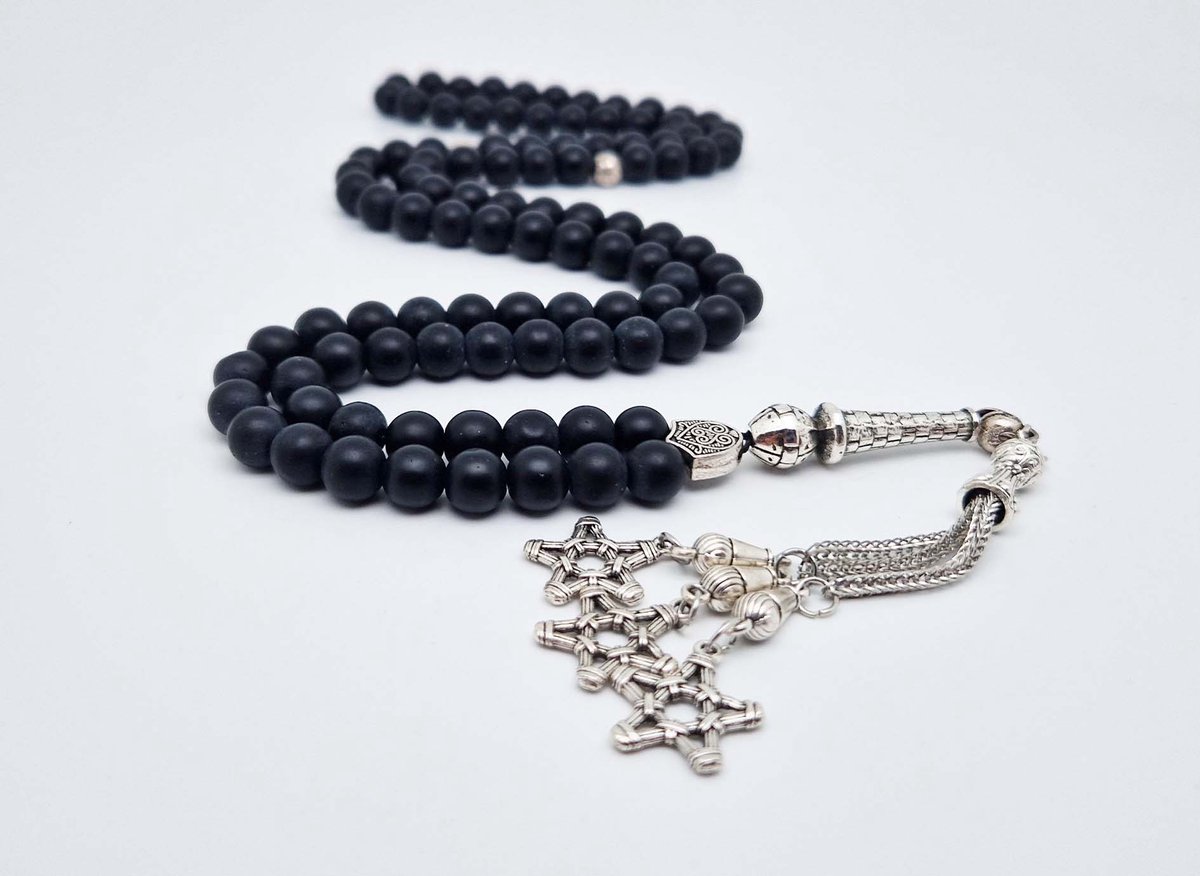 Handgemaakte tesbih "Tasbih" natuursteen "Mat zwart onyx" - Aantal kralen 99 - Diameter kralen 8MM - met metaal tassel "Grote sterren" - Een mooi cadeau-idee