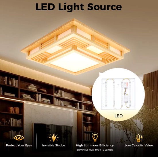 SanBouSi Plafondlamp, Japanse houten led-plafondlamp, vierkante