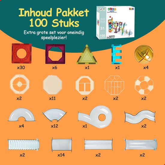 Inhoud Pakket 100 Stuks. Extra grote set met rode, gele, transparante en blauwe magnetische tegels en knikkerbaanonderdelen.