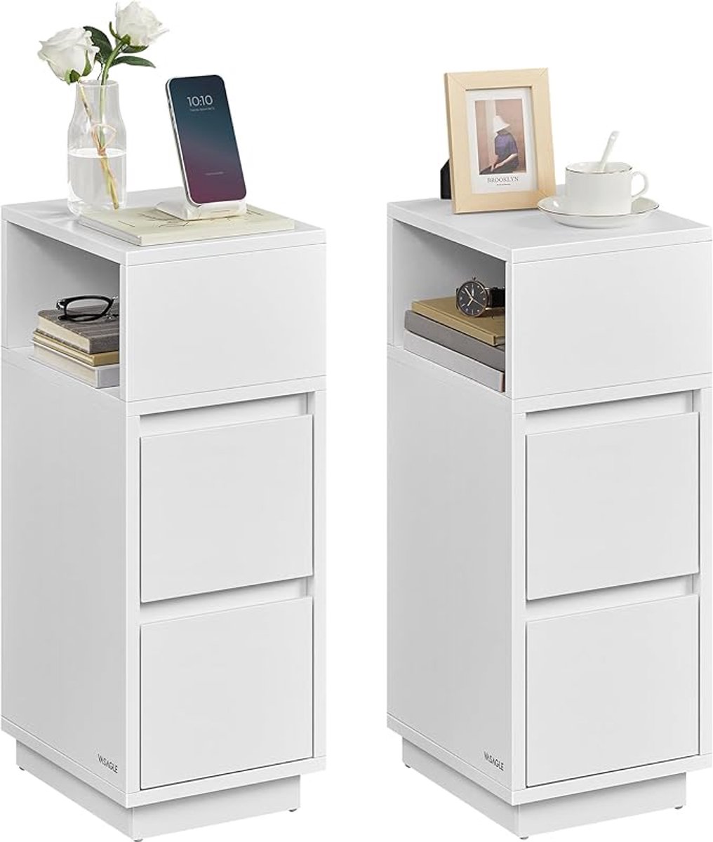 MAZAZU Nachtkastjes - Set van 2 - Bijzettafel - 2 Lades - Wit - 30x25x65