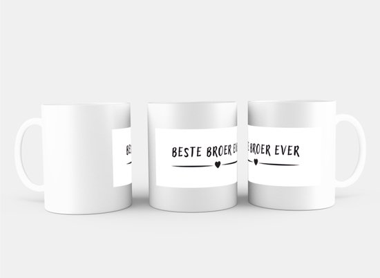 Trois tasses blanches, chacune avec le texte 'Beste broer ever' et un petit cœur.