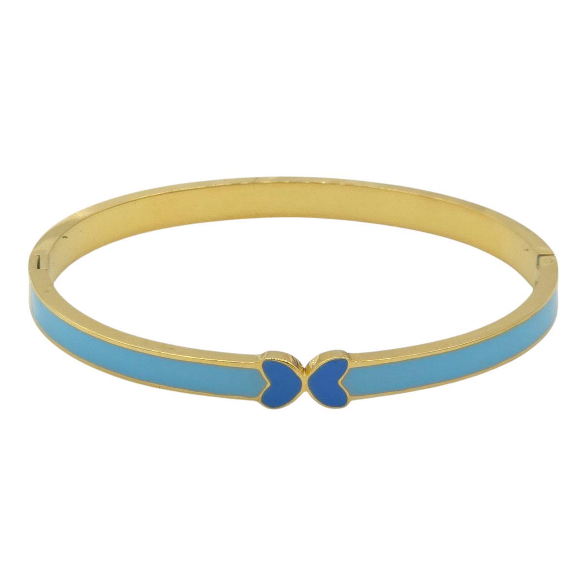 Blauwe Hinge Bangle Armband met Vlinder - Gold-Plated Staal & Blauwe Emaille - Klapsluiting - Inclusief Doosje