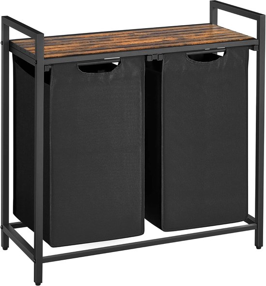 ACAZA Panier à linge 2 compartiments - Trieur à linge avec 2 sacs tissu Oxford amovibles - structure métal - 2 x 46L - 73 x 33 x 72 cm - Zwart