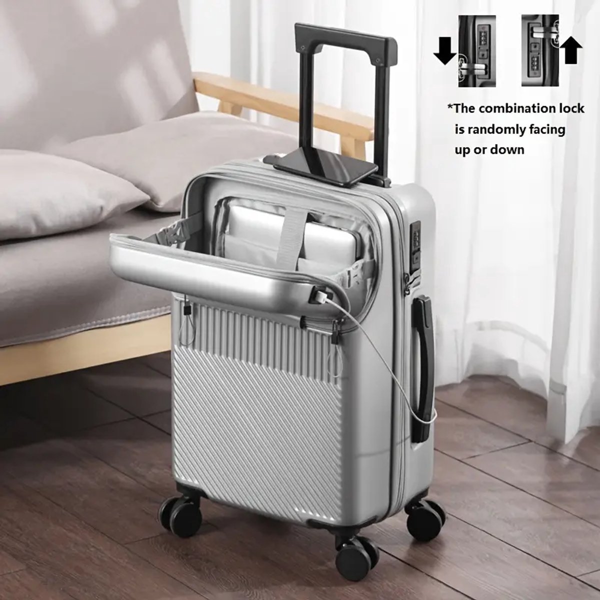 K&R Ventures® Reiskoffer – Harde Handbagage Koffer 50,8 cm – Met Bekerhouder, TSA Slot & USB Oplaadpoort – Laptopvak & Vooraan Openen – Lichtgewicht Trolley met 360° Wielen – Zilvergrijs – Multifunctionele Reisbagage