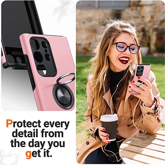 Coque de téléphone avec anneau et aimant pour support de téléphone - Compatible avec : Samsung Galaxy S25 Ultra - Rose