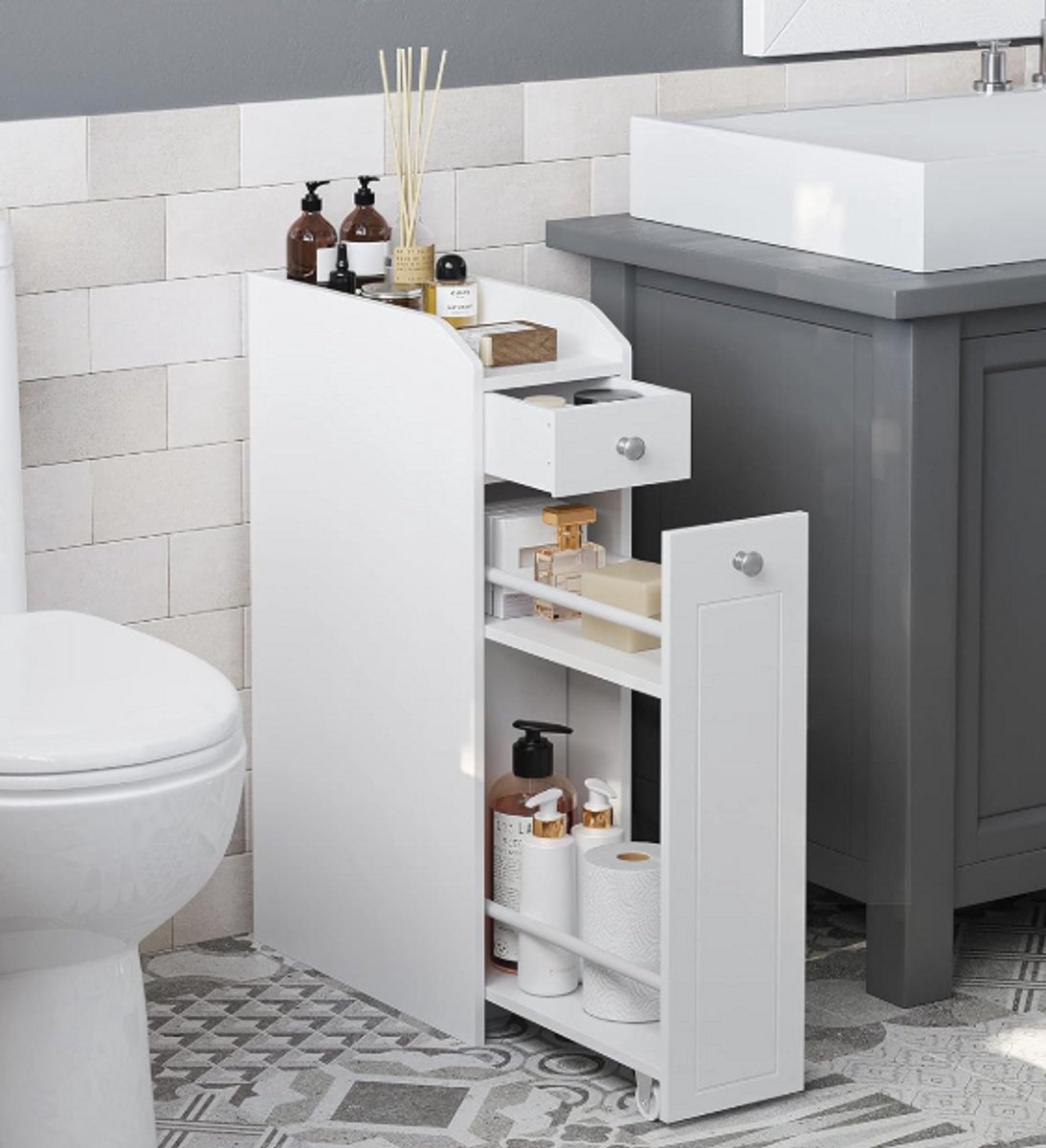 MAZAZU - Badkamermeubel klein - Wit - Kast - Badkamer - Keuken - Toilet - Opbergkast - 40x18x70