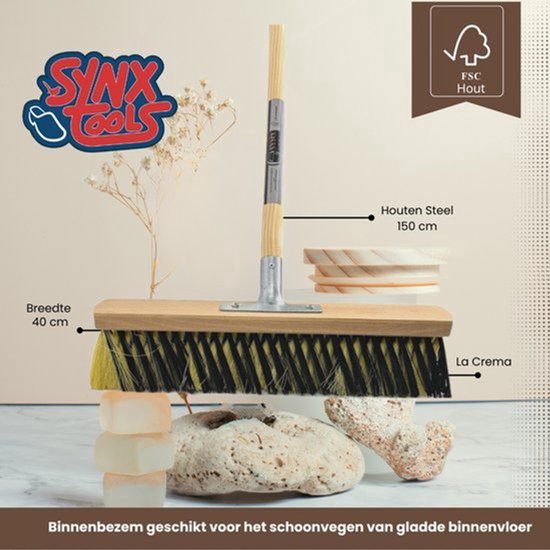 Synx Tools Binnenbezem 40cm La Crema + Vloertrekker 60cm met Steel 150cm - Kamerveger - Vloerreiniger - Moppen - Zachte bezem met steel 150cm van Synx Tools — afbeelding 4