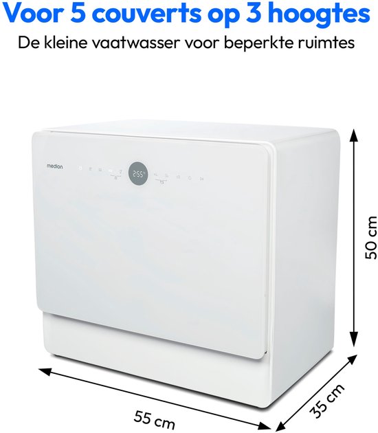 MEDION Mini Vaatwasser DWT50 (tafelmodel vaatwasser, vaatwasser, 5 couverts, werkt met/zonder wateraansluiting, emmerfunctie, 35 cm diep, 7 reinigingsprogramma's, MD 37775) wit