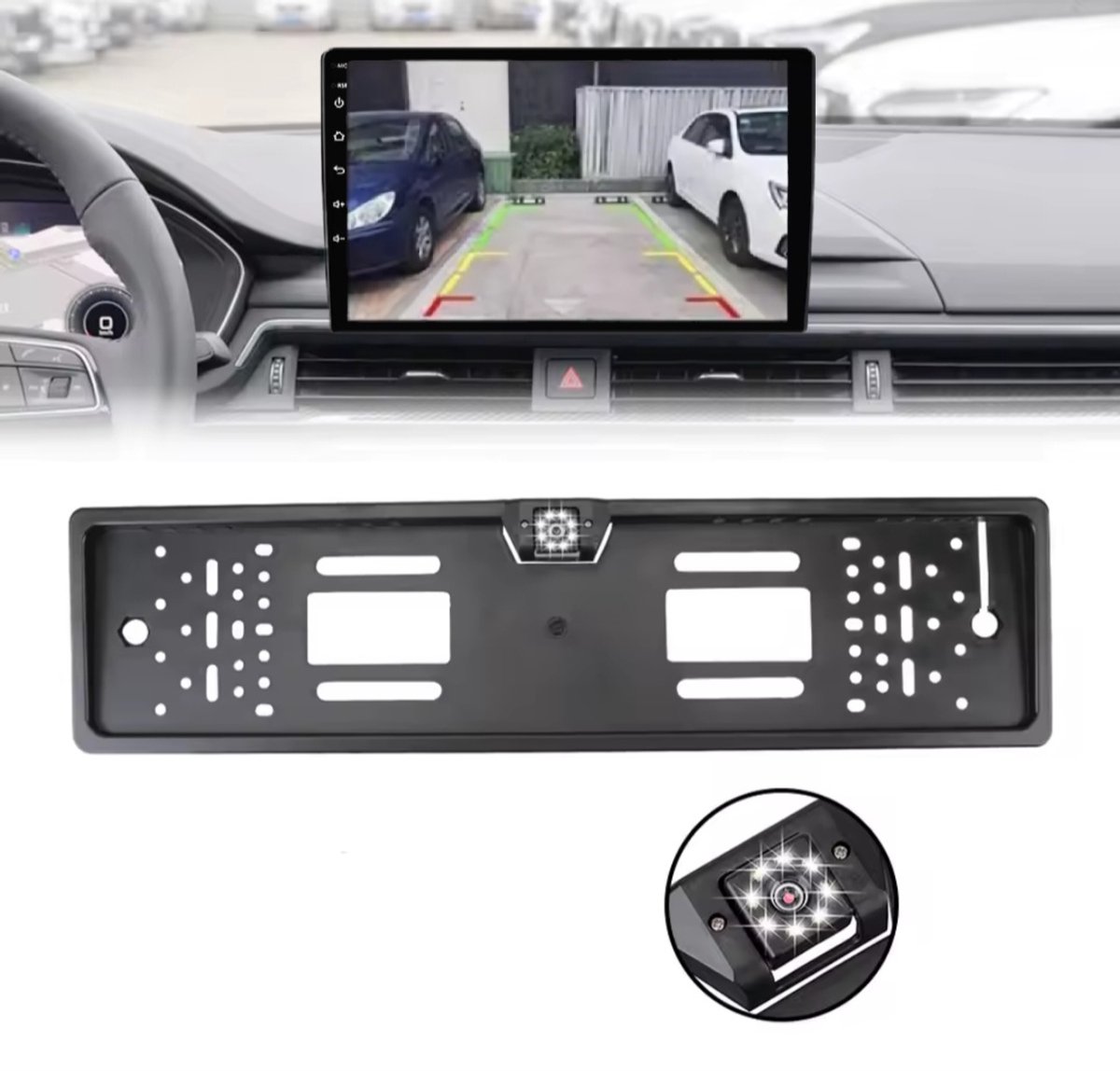 Achteruitrijcamera-set met kentekenhouder | Met universele tulp / RCA aansluiting | Parkeerhulp universeel | 6m kenteken camera | Geschikt voor aftermarket Android, Carplay autoradio