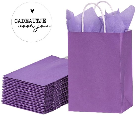 25 x Sacs en papier kraft violet 18x8x22cm avec poignée et autocollants Cadeau voor jou 4cm / Sacs en papier Kraft / Sacs cadeaux avec poignées torsadées / Sacs /