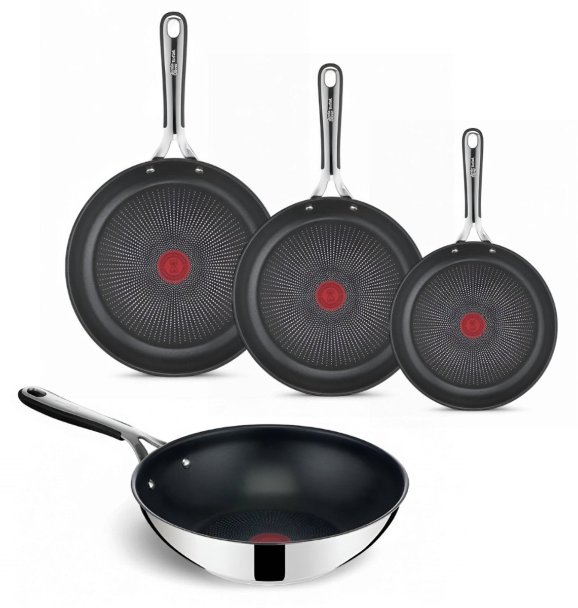 Tefal - Jamie Oliver Kitchen Essentials Pannenset - Koekenpannen Ø20/24/28cm + Wokpan Ø28cm - Tefal Pannen RVS - Siliconen Handgreep - Inductie