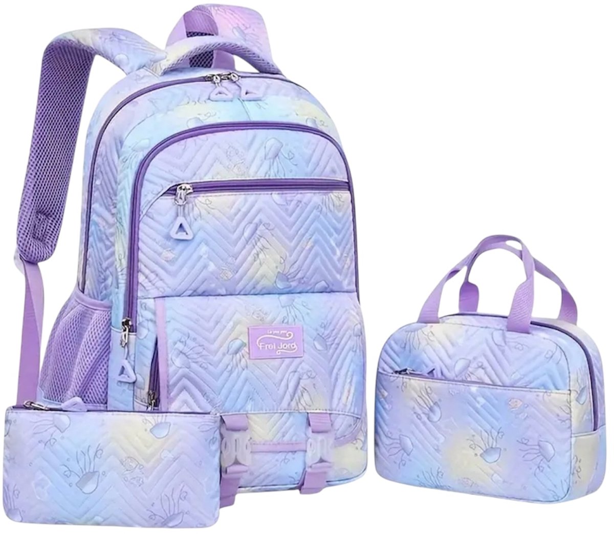 Twenty Two 3-delig schooltassen set | schoolrugzak,etui,lunchtas voor meisjes/basisschool Lila/blauw/paars met ritssluiting |waterdicht - grote capaciteit |veel vakken |lichtgewicht | 3 stuks| meiden tassenset |stevig tas |schooltassen set 31x17x45cm