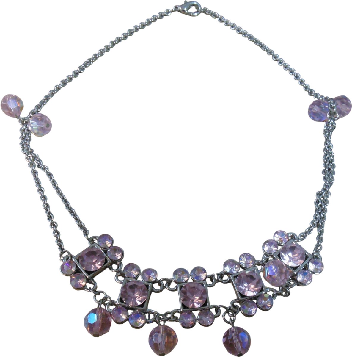 Ketting zilver met bolletjes en stenen hanger roze