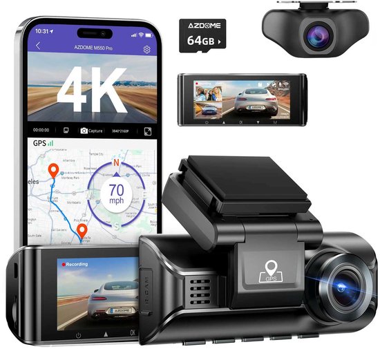 AZDome M770 Pro 2CH 4K Wifi GPS dashcam voor auto - 4K + FullHD resolutie - Night vision - Parkeerbeveiliging - 64gb Micro SD kaart - 3,0 inch LCD scherm - 170 + 140 graden kijkhoek - Nachtzicht - 2025 model