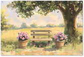 Tuinposter 120x80 cm - Tuindecoratie Houten bankje - Bloempotten - Landschap - Poster voor in de tuin - Buiten decoratie - Schutting tuinschilderij - Tuindoek muurdecoratie - Wanddecoratie balkondoek