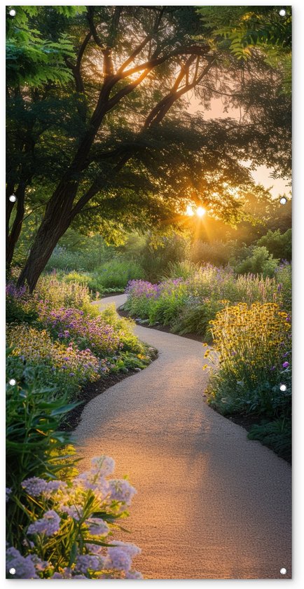 Tuinposter 80x160 cm - Tuindecoratie Pad - Bloemen - Park - Poster voor in de tuin - Buiten decoratie - Schutting tuinschilderij - Tuindoek muurdecoratie - Wanddecoratie balkondoek