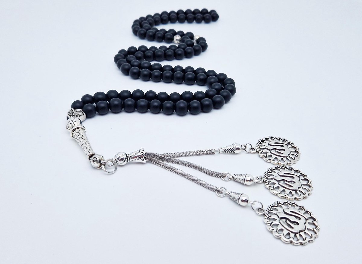 Handgemaakte tesbih "Tasbih" natuursteen "Mat zwart onyx" - Aantal kralen 99 - Diameter kralen 8MM - met metaal tassel "Allah Muzakhrafa" - Een mooi cadeau-idee