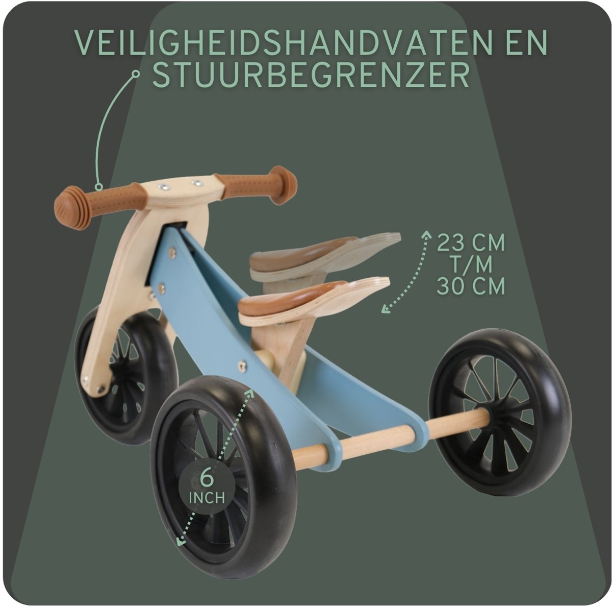 Bandits & Angels Smart Bike Loopfiets Hout 4-in-1 Petrol Blauw vanaf 1 jaar - Voor Jongens en Meisjes - Houten Loop Fiets - Omkeerbaar in Driewieler en Tweewieler - Verstelbaar Zadel — afbeelding 6