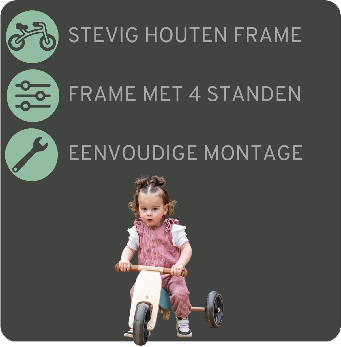 Bandits & Angels Smart Bike Loopfiets Hout 4-in-1 Petrol Blauw vanaf 1 jaar - Voor Jongens en Meisjes - Houten Loop Fiets - Omkeerbaar in Driewieler en Tweewieler - Verstelbaar Zadel — afbeelding 5
