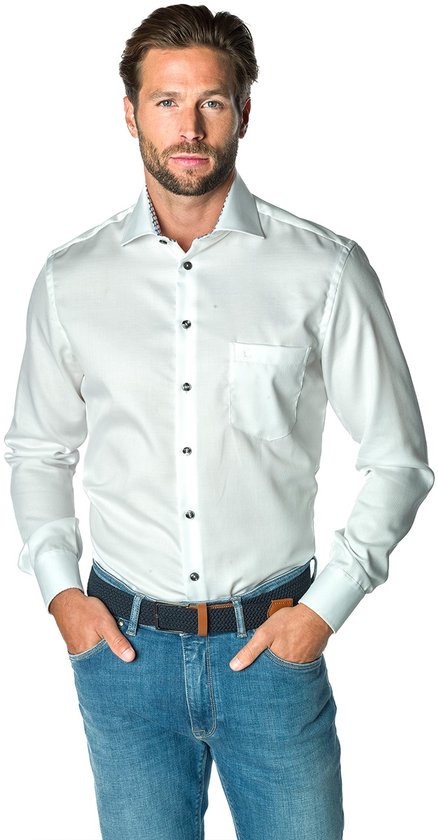 Ledub modern fit overhemd - popeline - wit - Strijkvrij - Boordmaat: 46