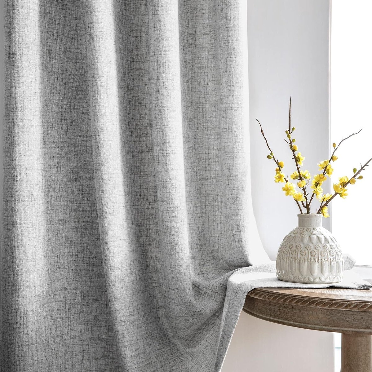 Famanu - Gordijnen met plooiband, grijs, linnenlook, halfvrije gordijnen, set van 2, 225 x 140cm