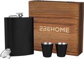 2BEHOME Heupfles - Inclusief 2 shotglazen en Trechter - Opbergdoos - Zilver - RVS - Veldfles - Waterfles - Waterflessen - Flacon - Hip Flask